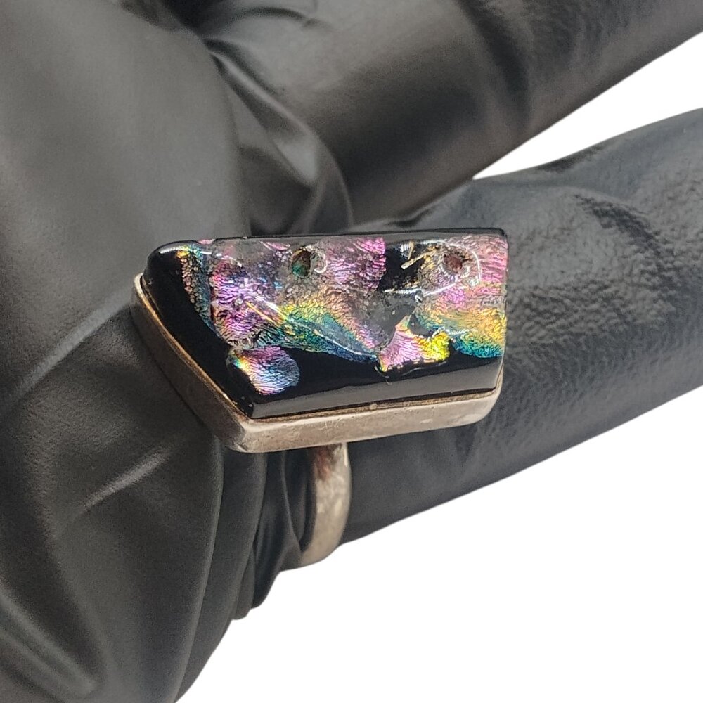Dichroic Glass Ring Vintage 70's 80's 90's Tarnished Sterling Silver Jewelry